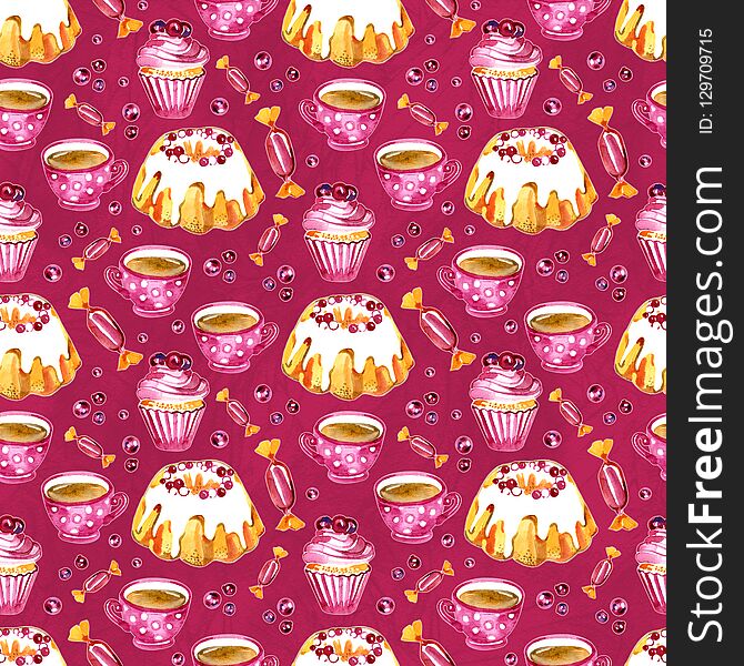 Seamless pattern of a cake, cupcake and cranberry. Picture of a dessert.Watercolor hand drawn illustration.White