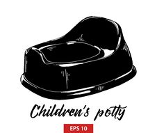Hand Drawn Sketch Of Baby Potty In Black Isolated On White Background. Detailed Vintage Etching Style Drawing. Royalty Free Stock Photo Hand Drawn Sketch Of Baby Potty In Black Isolated On White Background. Detailed Vintage Etching Style Drawing. Royalty Free Stock Photo