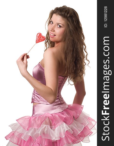 Model in a pink dress. Holds sweets. Model in a pink dress. Holds sweets.