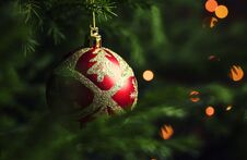 Red Christmas Ball On The Background Of Fir Branches And Lights Stock Photo