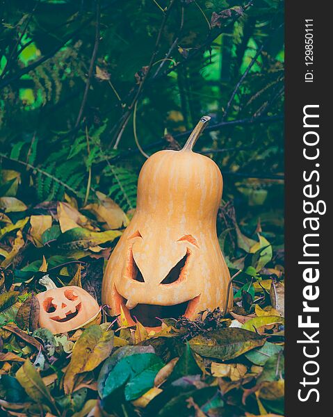 Carved pumpkin lamp. Traditional Halloween Decorations