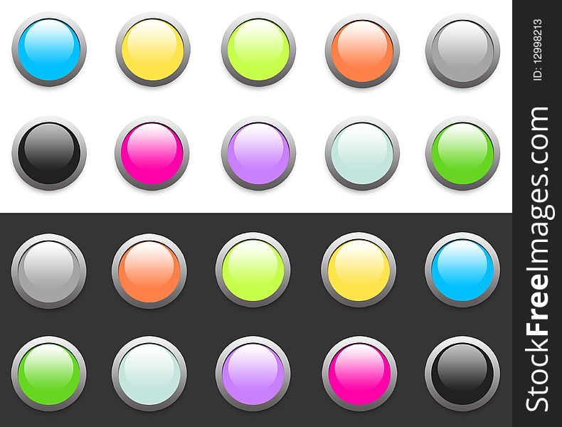 Glossy circular website buttons in different colors isolated over white and dark background. Glossy circular website buttons in different colors isolated over white and dark background
