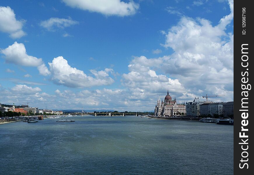 Panoramic view of the Budapest Psrlianent and the Danube with bridge across. Panoramic view of the Budapest Psrlianent and the Danube with bridge across