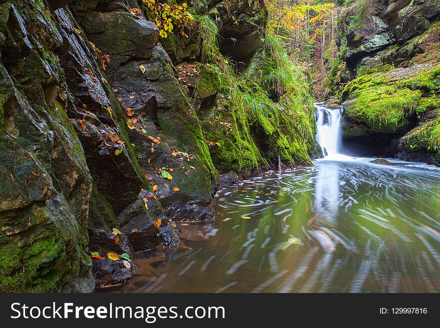 Waterfall In Doubravka Valley In Autumn, Highlands In Czech Rep