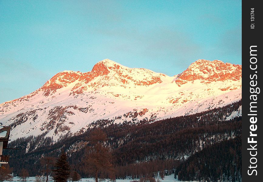 Swiss Alp Mountains, Engadin Switzerland, 2nd February 2004, in the evening at 17:19 h. Swiss Alp Mountains, Engadin Switzerland, 2nd February 2004, in the evening at 17:19 h