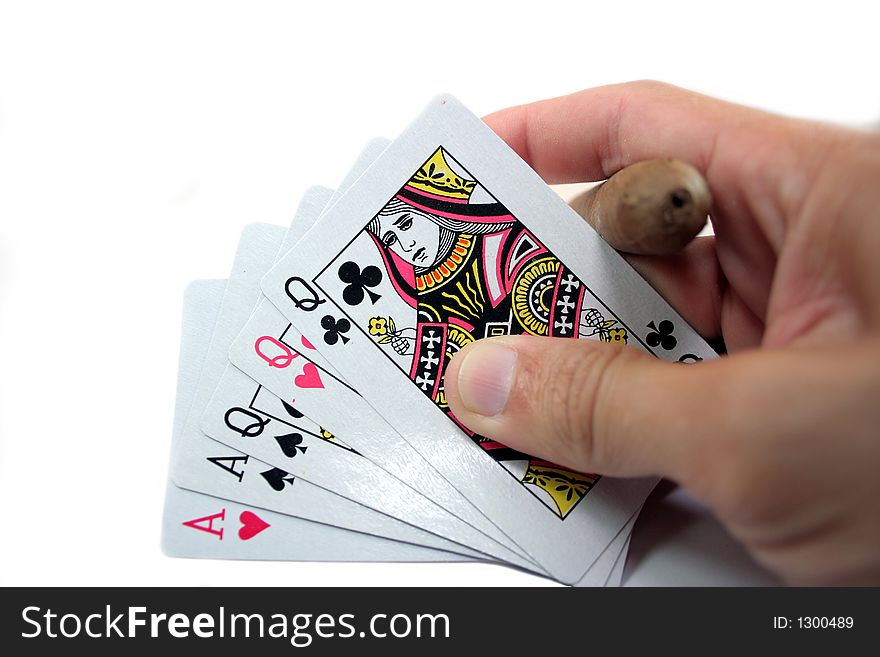 Hand with  playing cards on white. Hand with  playing cards on white