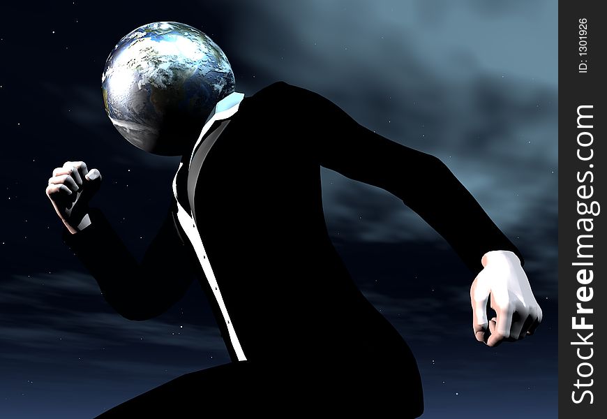 A conceptual image of a running person with his head replaced with the earth. A conceptual image of a running person with his head replaced with the earth.