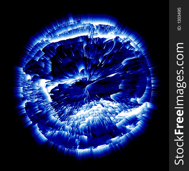 Exploding Planet, Blue And White On Black Background