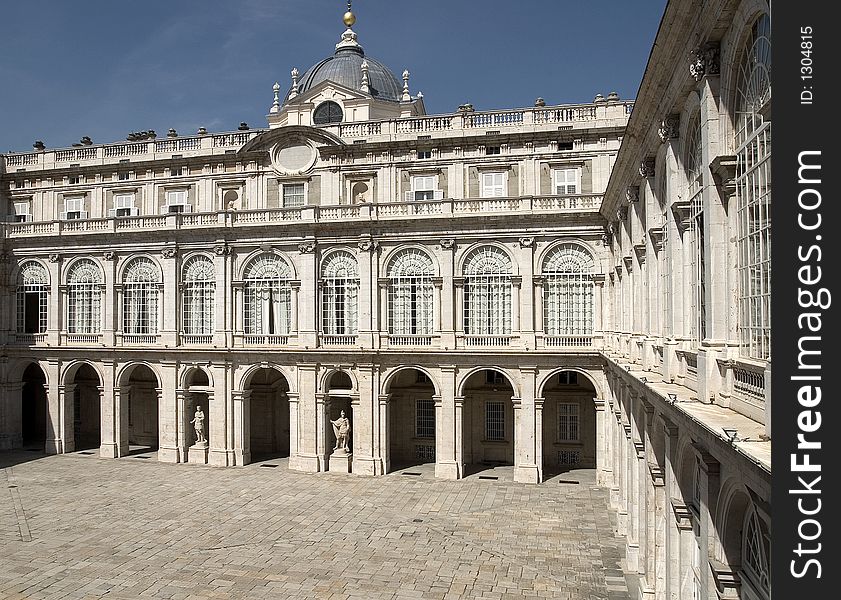 A view of the inner courtyard at the Royal Palace or Palacio Real in Madrid