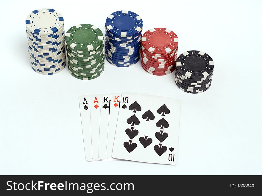 Two pair poker hand with chips.
