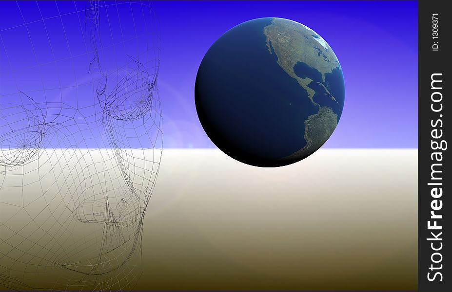 Wire-frame  face and blue earth. Wire-frame  face and blue earth