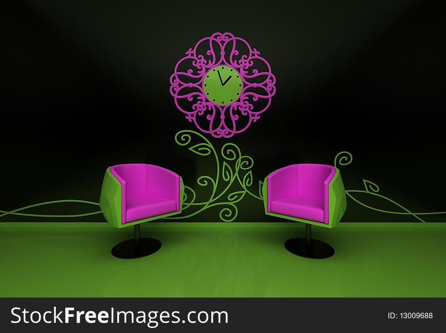 Two pink chairs on a black background. Two pink chairs on a black background.