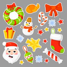 Christmas Stickers Set Collection Vector. Cartoon. New Year Traditional Symbols. Icons Objects. Isolated Royalty Free Stock Photo