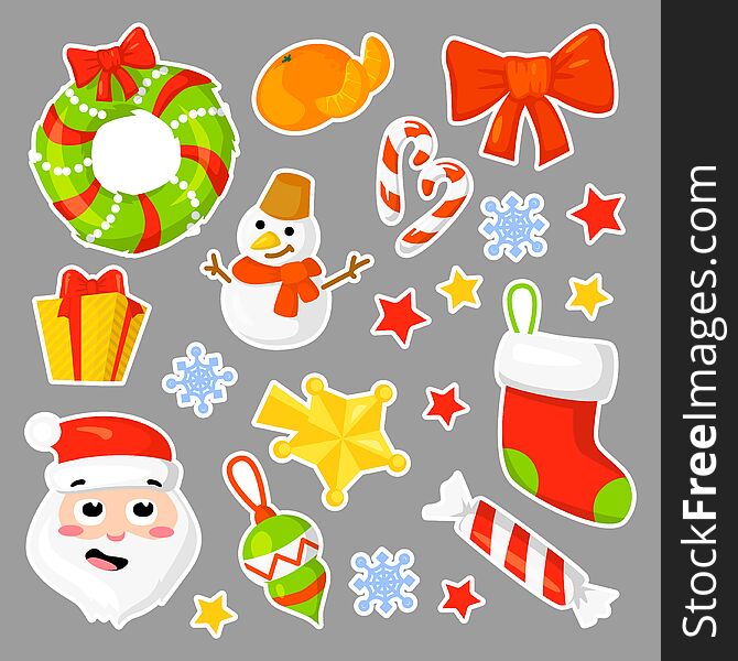 Christmas stickers Set Collection Vector. cartoon. New year traditional symbols. icons objects. Isolated