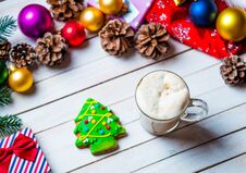 Christmas Decorations, Cookie And Cup Of Coffee Stock Photos