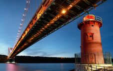 George Washington Bridge And Red Little Lighthouse Officially Jeffrey`s Hook Light, New York, USA Stock Images George Washington Bridge And Red Little Lighthouse Officially Jeffrey`s Hook Light, New York, USA Stock Images