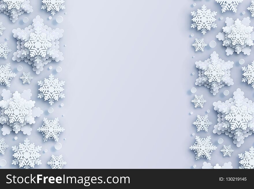 Abstract Christmas background with volumetric paper snowflakes. White 3D snowflakes with shadow. Xmas and new year card template. Winter paper art design