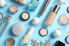 Flat Lay Composition With Makeup Products And Christmas Decor Stock Photos Flat Lay Composition With Makeup Products And Christmas Decor Stock Photos