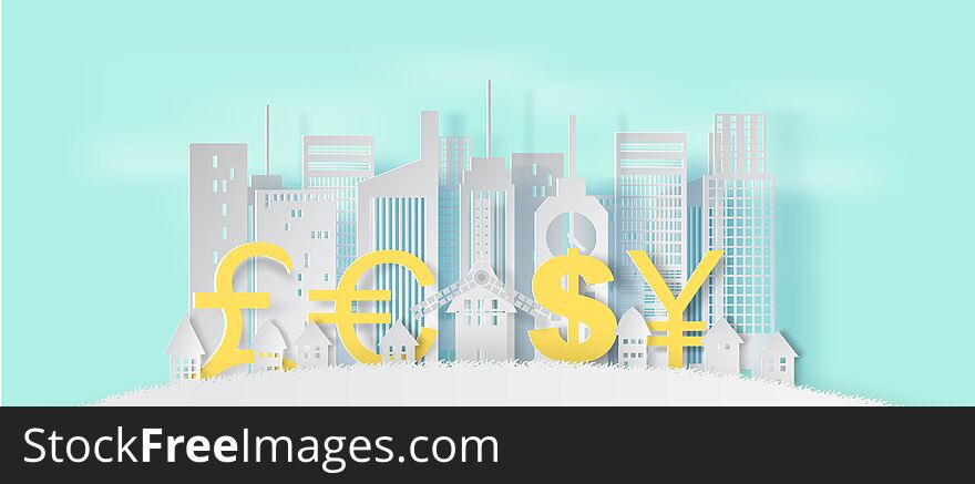 3d Paper art and craft style of cityscape and lanscape with business finance concept on blue pastel color background .International trading money exchange financial system concept.vector,illustration