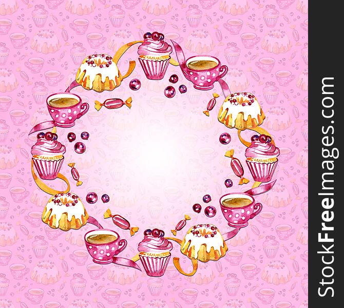 Sweet cakes, tea and berries frame isolated on pink background. Design for card, logo, menu. Hand drawn watercolor
