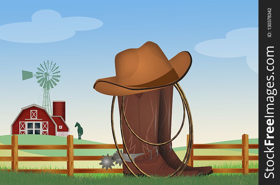 Illustration of cowboy boots, hat and lasso