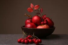Autumn Still Life With Hawthorn Berries And Apples In Plate. Royalty Free Stock Photography