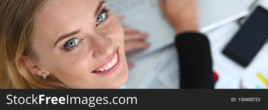 Beautiful smiling businesswoman portrait at workplace look in camera. White collar worker at workspace exchange market job offer certified public accountant internal Revenue officer concept