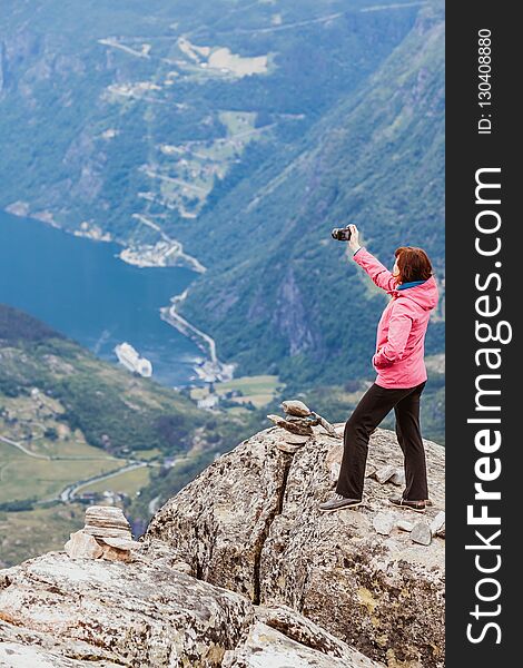 Tourist Taking Photo From Dalsnibba Viewpoint Norway