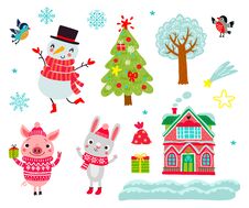 Cute Characters. Christmas Vector Set Of Animals Royalty Free Stock Photos