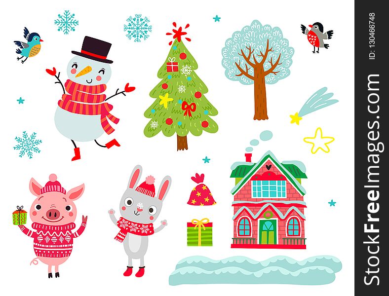 Cute Characters. Christmas Vector Set Of Animals