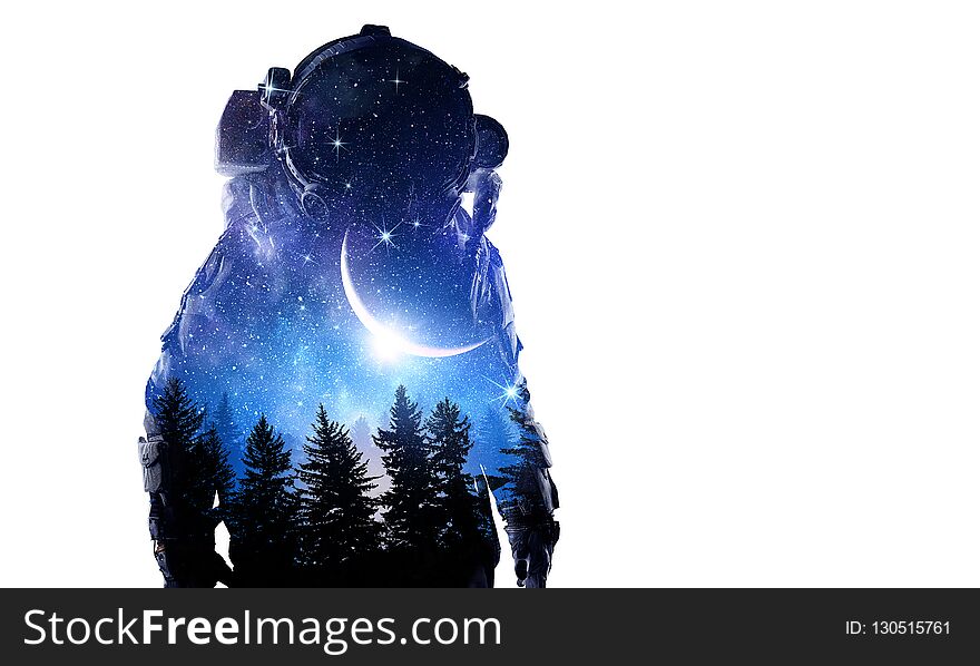 Double exposure of astronaut on white background. Mixed media. Double exposure of astronaut on white background. Mixed media