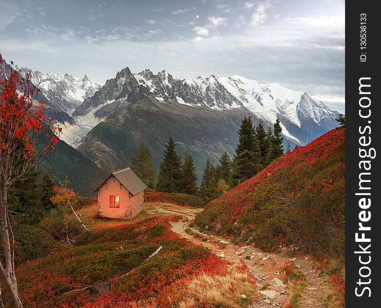 Red autumn Chamonix in the Alps