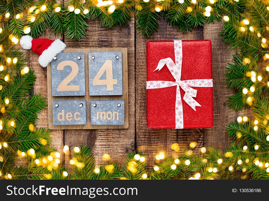 Christmas Greeting Card Wooden Background.