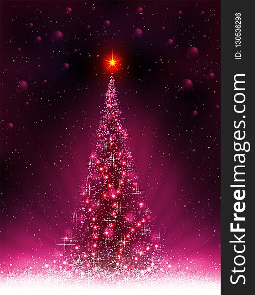 Christmas pink card with shiny Christmas tree and white snowflakes.