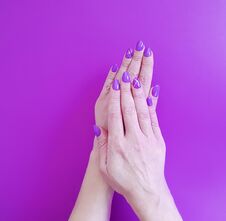 Hands Manicure Violet Polish Trendy Design Beauty Paper Fashionable Glamour Minimal Royalty Free Stock Photos