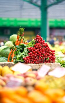 Fresh And Organic Vegetables And Fruits On Farmers Market Or Green Market. Autumn Harvest And Heathy Eating Concept Stock Photos