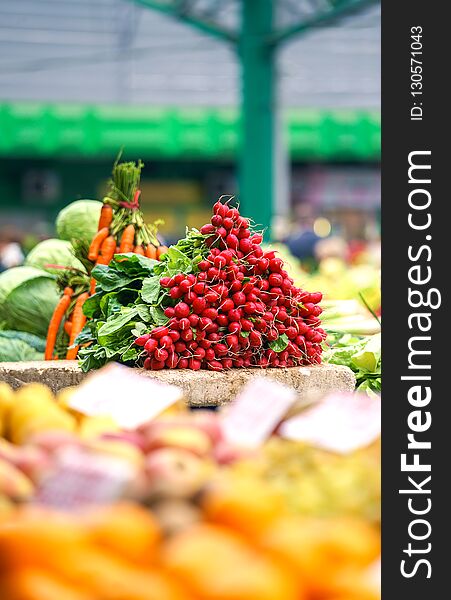 Fresh and organic fruits and vegetables on farmers market or green market. Autumn harvest and heathy eating concept. Fresh and organic fruits and vegetables on farmers market or green market. Autumn harvest and heathy eating concept