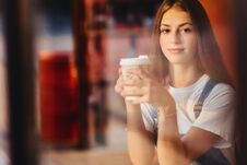 Young Attractive Pretty Girl At Cafe With Coffee Relax At Mornin Stock Photos