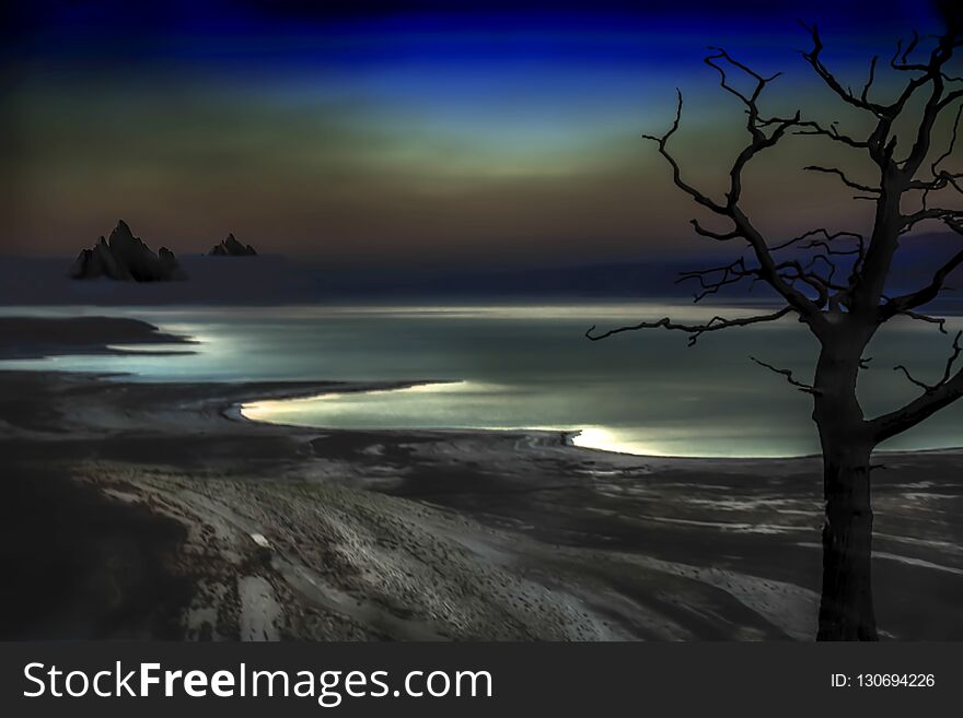 Portrait of the Dead Sea in Israel at night, the moonlight gives the whole thing something ghostly and surreal, the bare tree makes it go down, nice as wallpaper or background. Portrait of the Dead Sea in Israel at night, the moonlight gives the whole thing something ghostly and surreal, the bare tree makes it go down, nice as wallpaper or background