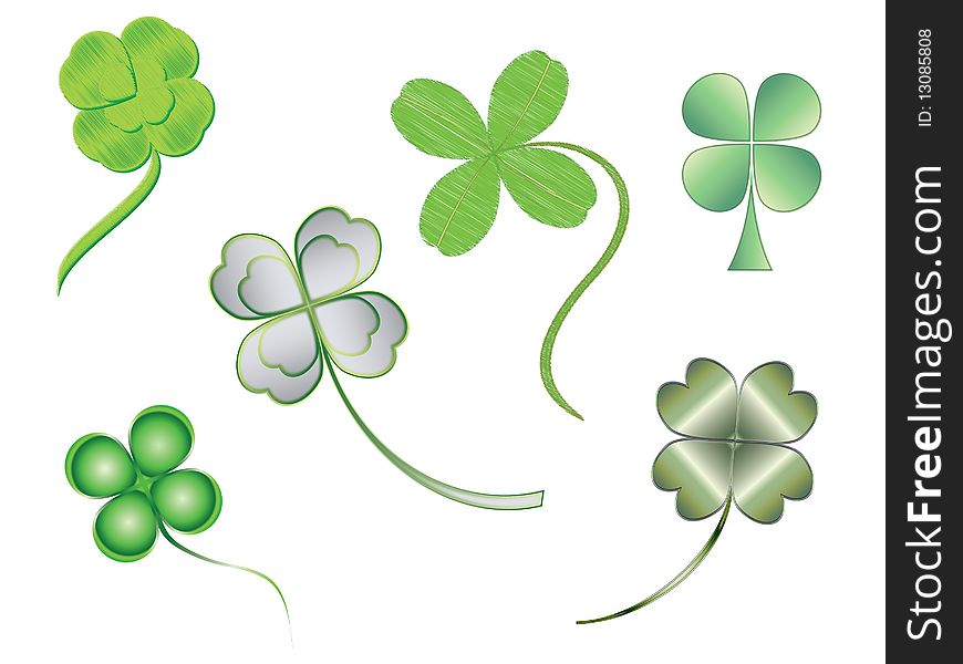 Set of isolated green four-leaf clovers on white background. Set of isolated green four-leaf clovers on white background