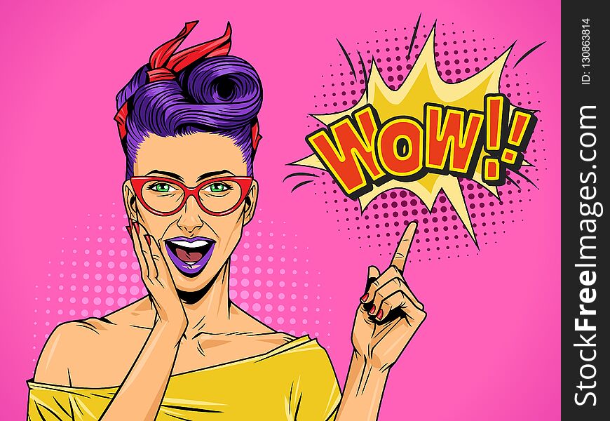 Pop art beautiful surprised lady with purple hair and lips pointing at speech bubble and Wow comic wording vector illustration