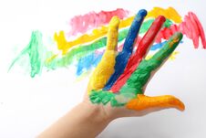 Child With Painted Palm On Color Background Stock Photography
