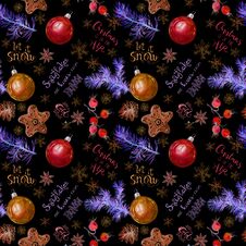 Neon Glowing Seamless Christmas Pattern With Hand Written Lettering. New Year Text About Snow And Holidays On Black Stock Photo