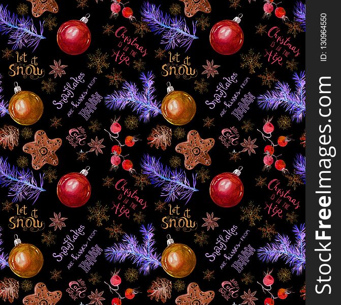 Neon glowing seamless Christmas pattern with hand written lettering. New Year text about snow and holidays on black
