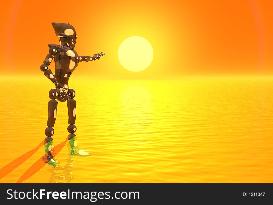 A beautiful sunset colourful sky and water with robot. A beautiful sunset colourful sky and water with robot