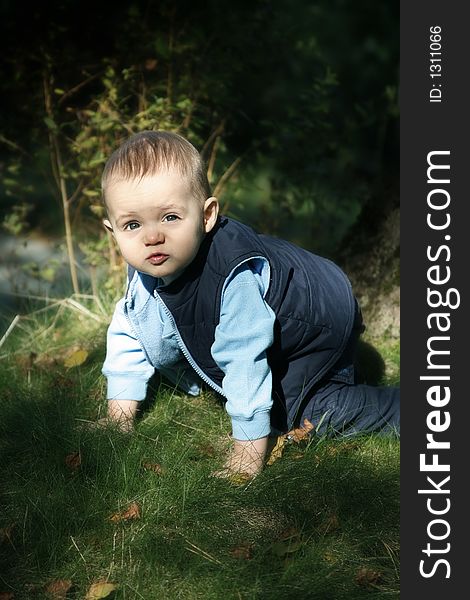 Adorable little boy playing in a park. Adorable little boy playing in a park