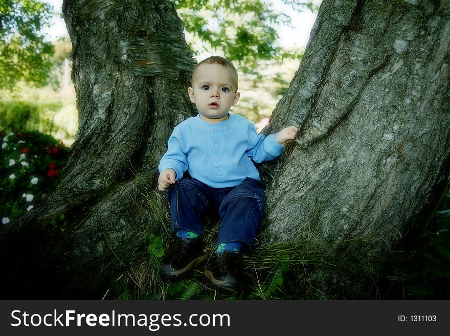 Adorable little boy playing in a park. Adorable little boy playing in a park