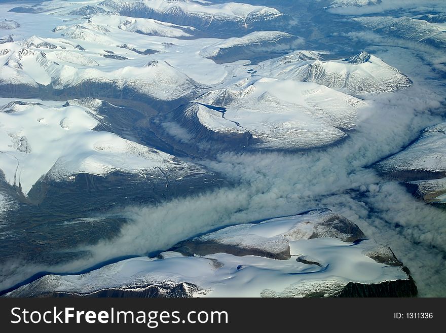 Foggy valley in iceland, aerial view