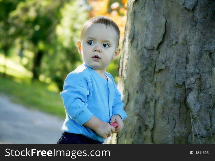 Adorable little boy playing in a park. Adorable little boy playing in a park