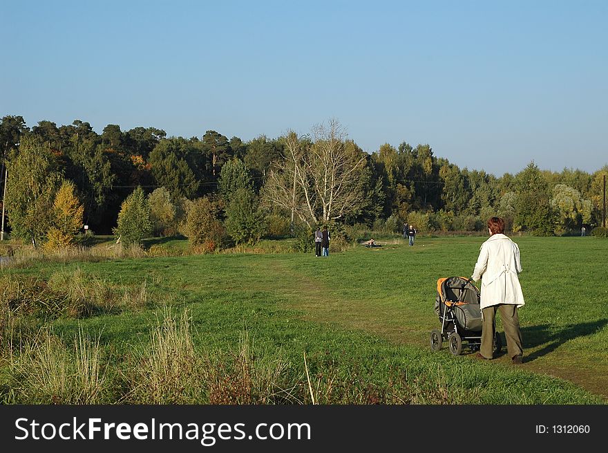 Autumn park. Trees still staying green with some golden colours. Close to camera: mother pushing her baby`s carriage.